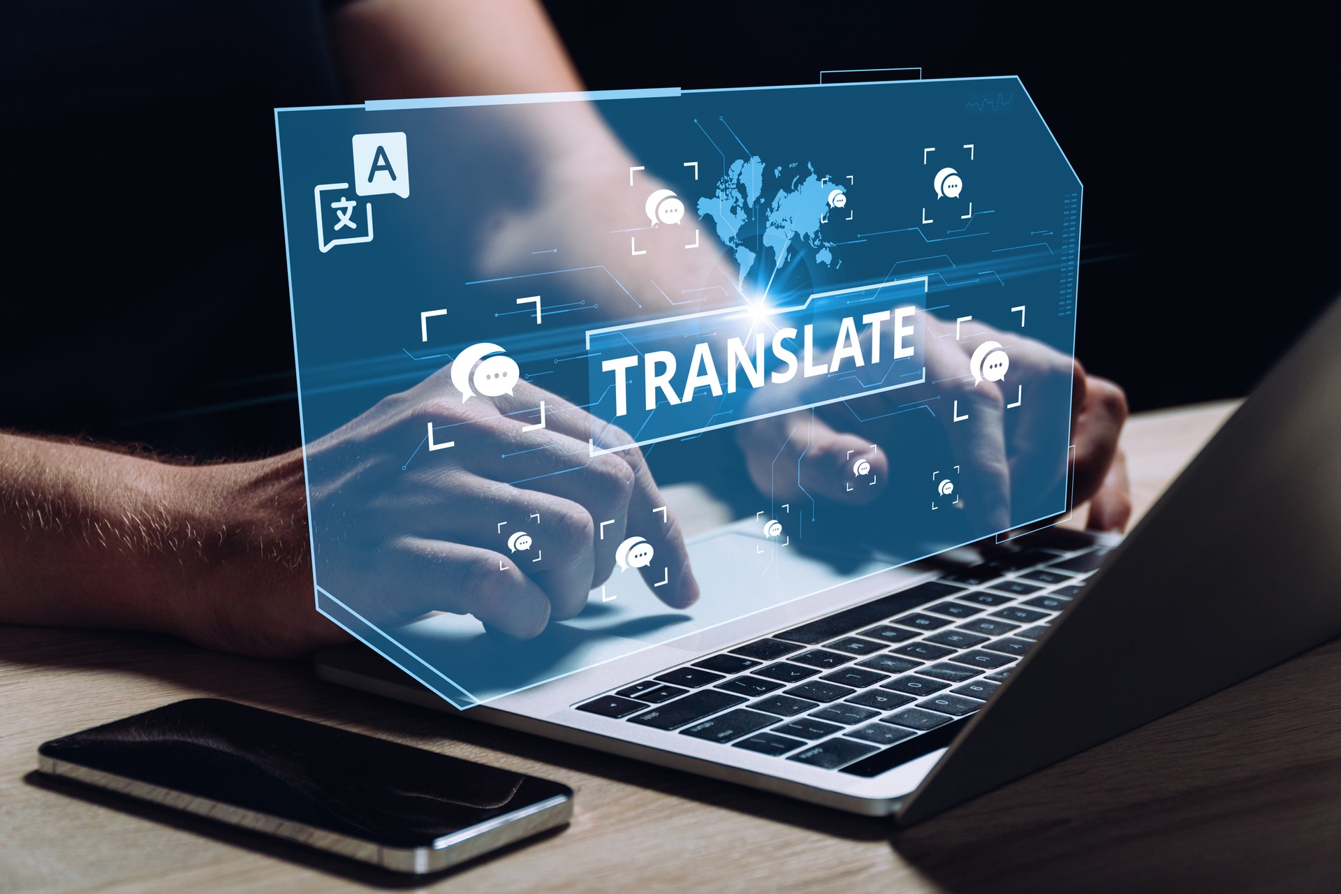 The concept of software for translation between different languages. The person works at the computer.