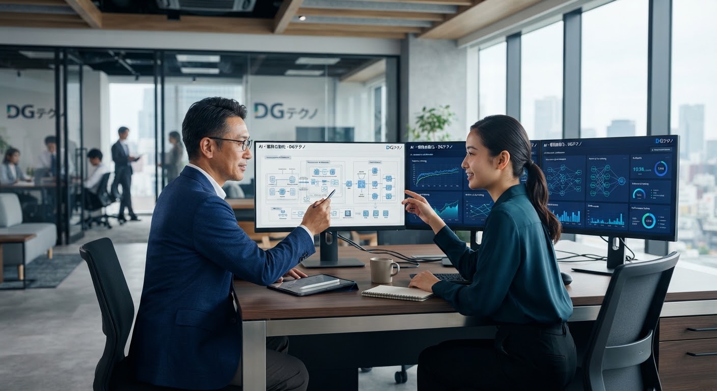 Modern high-tech engineering office where a Japanese solution architect and a Vietnamese developer analyze technical blueprints and machine learning workflow pipelines on multiple ultra-wide screens, natural ambient office light, deep navy blue and teal color tones, ultra-realistic corporate photo.