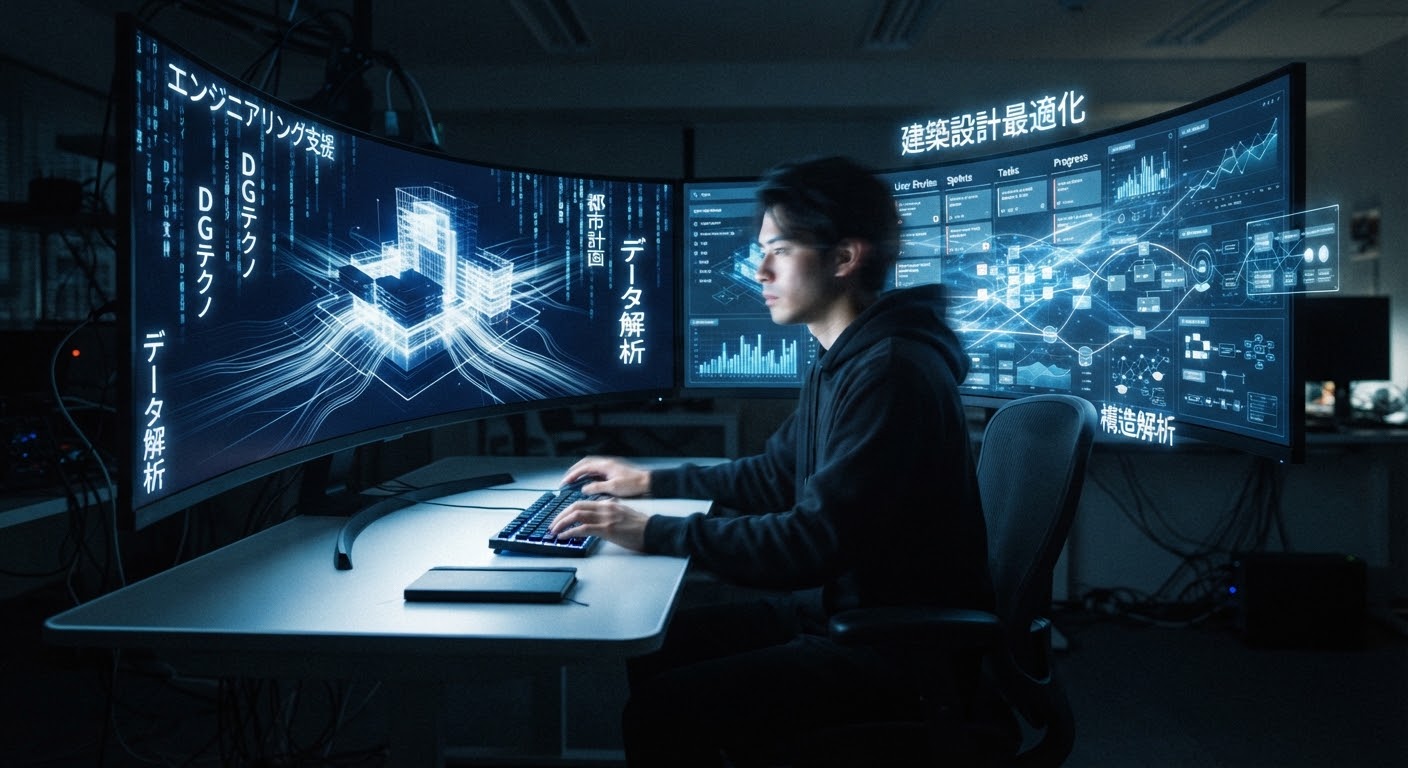 Architectural diagrams and an agile engineering dashboard on a dual-monitor setup.