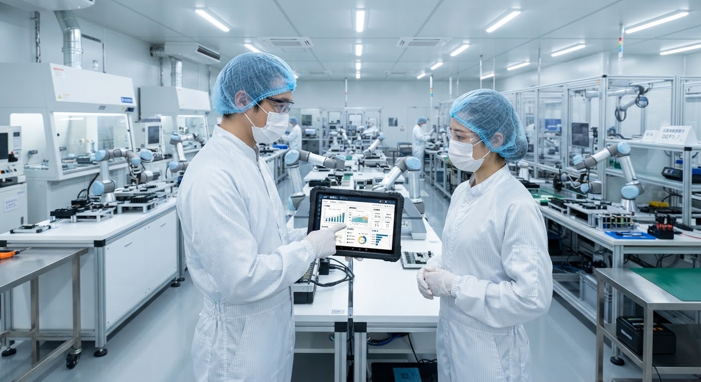 A modern Japanese precision manufacturing facility with engineers reviewing digital ERP tablet terminals.