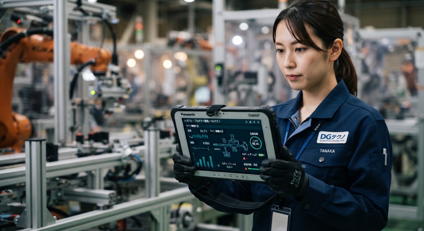 Industrial equipment dashboard interface displayed on a tablet in a modern Japanese factory.