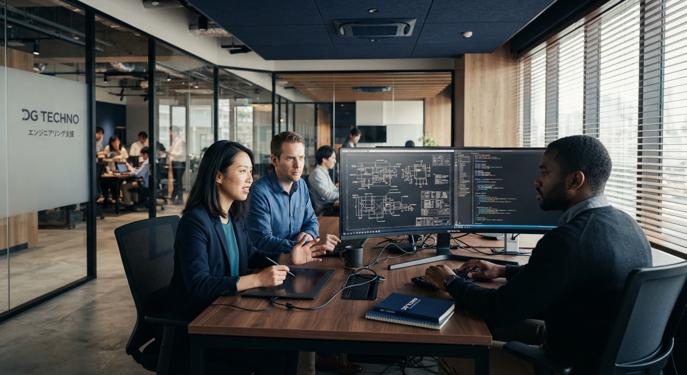 High quality professional engineering team working collaboratively in a modern tech office with high resolution monitors displaying clean code and system blueprints, bright natural lighting, professional atmosphere in navy and teal accent tones.