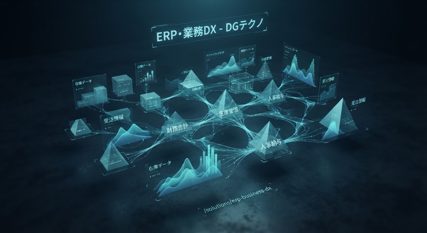 Technical business enterprise system interface showing clean dashboard data cards, structured process nodes, and inventory graphs in a modern, dark blue corporate software style with teal status indicators.